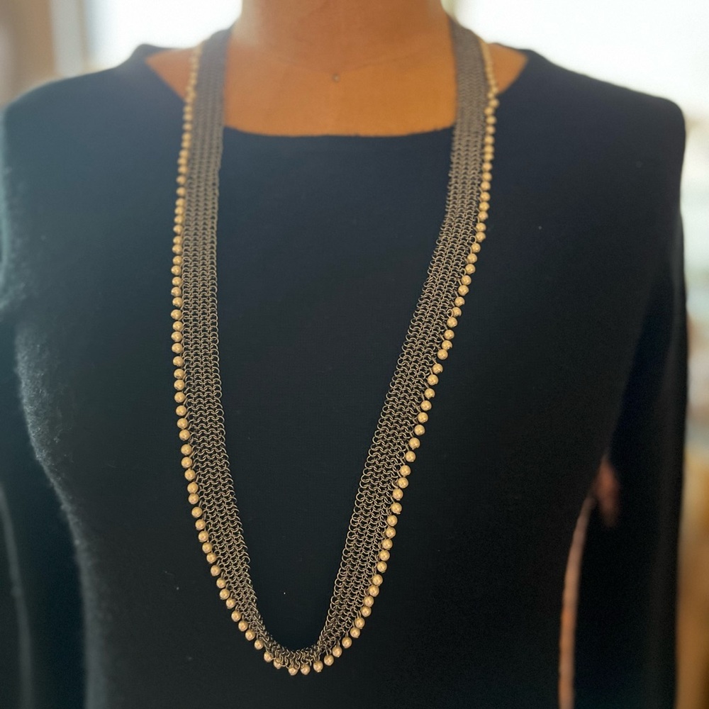 J. Crew Gunmetal Silver Mesh with White Pearl Scarf Necklace
